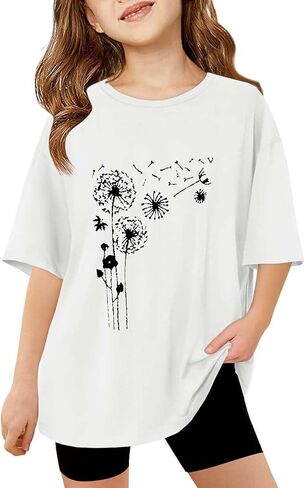 Oversized Graphic Shirt for Teens Girl Y2K Cute Floral Short Sleeve Baggy Tee Tshirts Kids Summer Vintage Cotton Tops Blouse in Kuwait