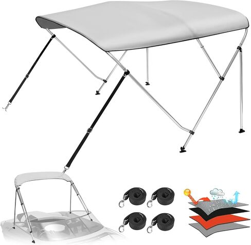 Solim 3 Bow Bimini Top بإطار من الألومنيوم مقاس 1 بوصة، قماش أكسفورد مقاوم للماء 1200D، مظلة قارب من الدرجة البحرية مع صندوق تخزين، عمودين دعم خلفي، 4 أشرطة، غطاء علوي بيميني للقارب، رمادي in Kuwait