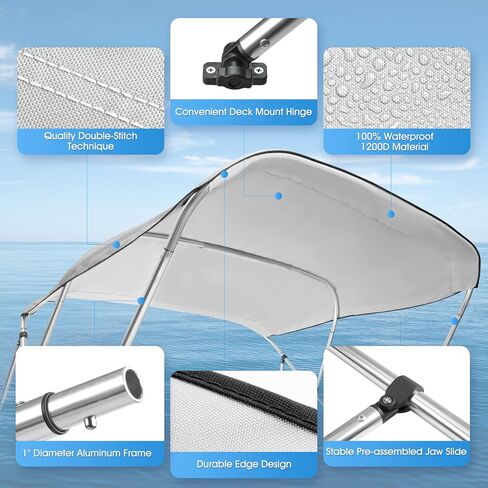 Solim 3 Bow Bimini Top بإطار من الألومنيوم مقاس 1 بوصة، قماش أكسفورد مقاوم للماء 1200D، مظلة قارب من الدرجة البحرية مع صندوق تخزين، عمودين دعم خلفي، 4 أشرطة، غطاء علوي بيميني للقارب، رمادي in Kuwait