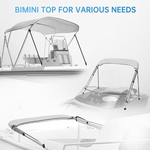 Solim 3 Bow Bimini Top بإطار من الألومنيوم مقاس 1 بوصة، قماش أكسفورد مقاوم للماء 1200D، مظلة قارب من الدرجة البحرية مع صندوق تخزين، عمودين دعم خلفي، 4 أشرطة، غطاء علوي بيميني للقارب، رمادي in Kuwait