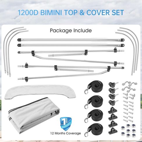 Solim 3 Bow Bimini Top بإطار من الألومنيوم مقاس 1 بوصة، قماش أكسفورد مقاوم للماء 1200D، مظلة قارب من الدرجة البحرية مع صندوق تخزين، عمودين دعم خلفي، 4 أشرطة، غطاء علوي بيميني للقارب، رمادي in Kuwait