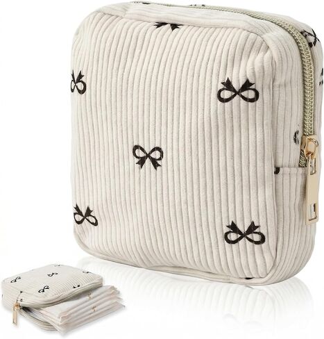 LLOUSSAK Cute Period Pouch, Corduroy Period Bag for Girls, Bow Tie Pattern Sanitary Napkin Storage Bag, Menstrual Sanitary Pouch for Pads Purse (Beige) in Kuwait