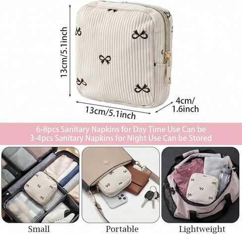 LLOUSSAK Cute Period Pouch, Corduroy Period Bag for Girls, Bow Tie Pattern Sanitary Napkin Storage Bag, Menstrual Sanitary Pouch for Pads Purse (Beige) in Kuwait