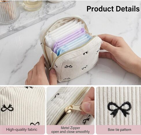 LLOUSSAK Cute Period Pouch, Corduroy Period Bag for Girls, Bow Tie Pattern Sanitary Napkin Storage Bag, Menstrual Sanitary Pouch for Pads Purse (Beige) in Kuwait