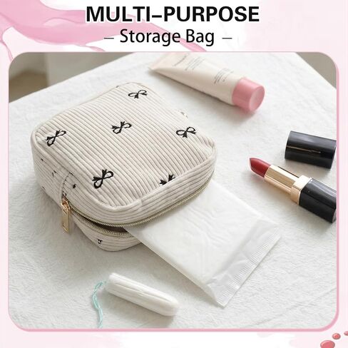LLOUSSAK Cute Period Pouch, Corduroy Period Bag for Girls, Bow Tie Pattern Sanitary Napkin Storage Bag, Menstrual Sanitary Pouch for Pads Purse (Beige) in Kuwait