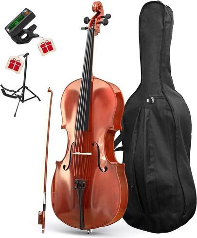 PYY Cello 4/4 Full Size - Solid Wood Acoustic Cello Package with Stand, Case, Bow, Rosin, Tuner & Extra Strings, Ideal for Student & Adult Beginners Beginner Kit in Saudi Arabia