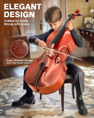 PYY Cello 4/4 Full Size - Solid Wood Acoustic Cello Package with Stand, Case, Bow, Rosin, Tuner & Extra Strings, Ideal for Student & Adult Beginners Beginner Kit in Saudi Arabia