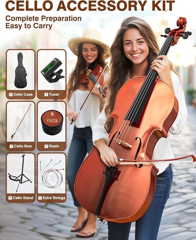 PYY Cello 4/4 Full Size - Solid Wood Acoustic Cello Package with Stand, Case, Bow, Rosin, Tuner & Extra Strings, Ideal for Student & Adult Beginners Beginner Kit in Saudi Arabia