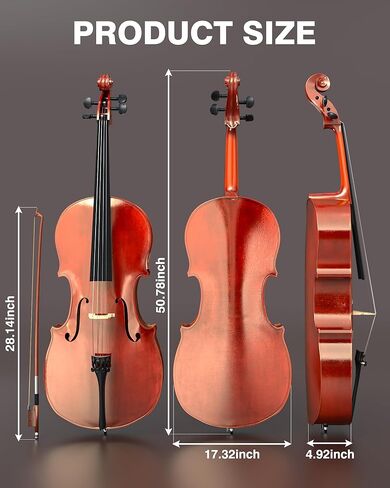 PYY Cello 4/4 Full Size - Solid Wood Acoustic Cello Package with Stand, Case, Bow, Rosin, Tuner & Extra Strings, Ideal for Student & Adult Beginners Beginner Kit in Saudi Arabia