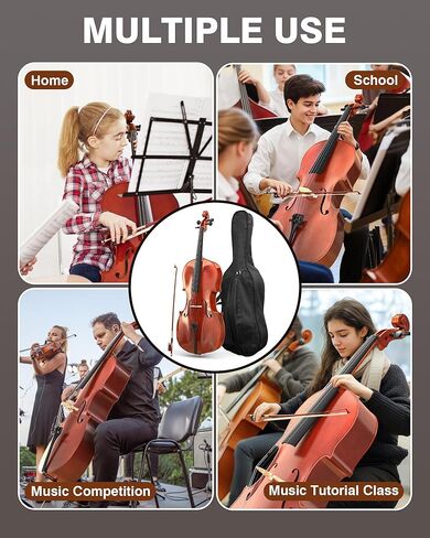 PYY Cello 4/4 Full Size - Solid Wood Acoustic Cello Package with Stand, Case, Bow, Rosin, Tuner & Extra Strings, Ideal for Student & Adult Beginners Beginner Kit in Saudi Arabia