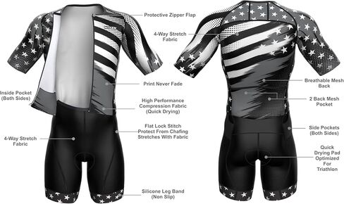 WIXEN Men’s Triathlon Suits Short Sleeve Tri Suit Padded Quick-Dry Breathable for Swim Bike Run Aero Skinsuit Rear Pockets in Kuwait