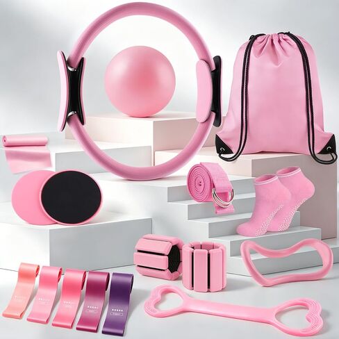 18PCS Pilates Kit, Home Pilates Equipment Set for Women with 14'' Pilates Ring and Ball, Resistance Bands, Ankle Weights, Sliders & Grip Socks Pilates Yoga Essential Accessories for Home Workouts in Saudi Arabia