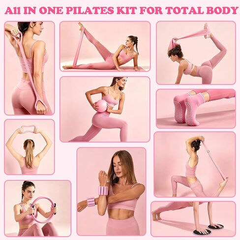 18PCS Pilates Kit, Home Pilates Equipment Set for Women with 14'' Pilates Ring and Ball, Resistance Bands, Ankle Weights, Sliders & Grip Socks Pilates Yoga Essential Accessories for Home Workouts in Saudi Arabia