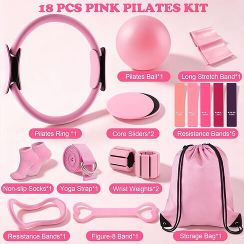 18PCS Pilates Kit, Home Pilates Equipment Set for Women with 14'' Pilates Ring and Ball, Resistance Bands, Ankle Weights, Sliders & Grip Socks Pilates Yoga Essential Accessories for Home Workouts in Saudi Arabia