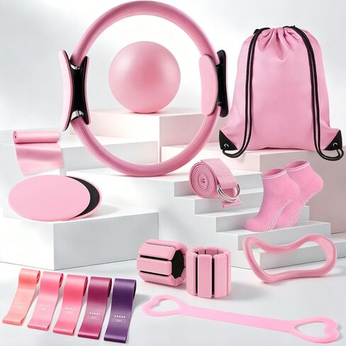 18PCS Pilates Kit, Home Pilates Equipment Set for Women with 14'' Pilates Ring and Ball, Resistance Bands, Ankle Weights, Sliders & Grip Socks Pilates Yoga Essential Accessories for Home Workouts in Saudi Arabia