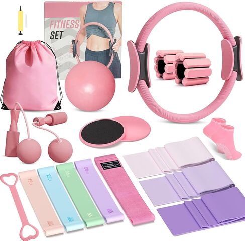 Home Pilates Kit 20 PCS, Pilates Equipment with Pilates Ring and Ball, 9 Level Resistance Bands, Jump Rope, Ankle Weights,Sliders & Grip Socks Accessories for Starter Home Workouts in Kuwait