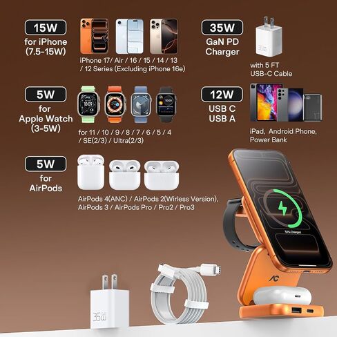5-in-1 Wireless Charger for MagSafe, AC ISLAND Portable Travel Charging Station, 35W Max Qi2 Fast Foldable Magnetic Stand, Evolved for iPhone 17-12 Series, Apple Watch, AirPods (with 35W Adapter) in Kuwait