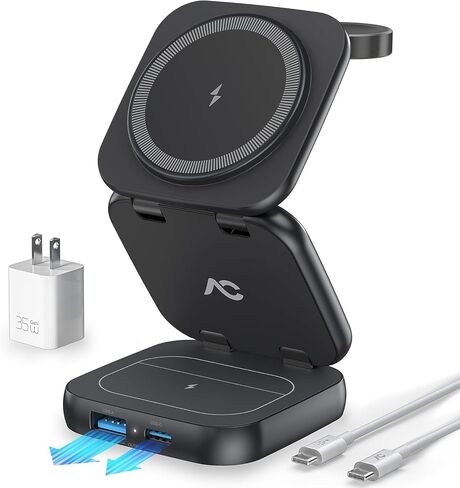 5-in-1 Wireless Charger for MagSafe, AC ISLAND Portable Travel Charging Station, 35W Max Qi2 Fast Foldable Magnetic Stand, Evolved for iPhone 17-12 Series, Apple Watch, AirPods (with 35W Adapter) in Kuwait