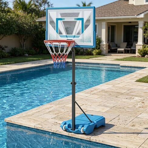 طوق كرة سلة GYMAX Pool، طوق كرة سلة محمول من الفولاذ المقاوم للصدأ قابل للتعديل مقاس 32 بوصة لحمام السباحة مع قاعدة قابلة للملء، لوحة خلفية مقاومة للكسر، كرة سلة ومضخة متضمنة in Kuwait