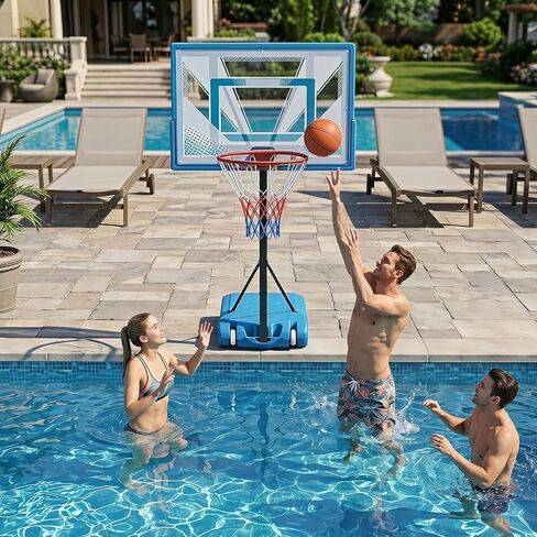 طوق كرة سلة GYMAX Pool، طوق كرة سلة محمول من الفولاذ المقاوم للصدأ قابل للتعديل مقاس 32 بوصة لحمام السباحة مع قاعدة قابلة للملء، لوحة خلفية مقاومة للكسر، كرة سلة ومضخة متضمنة in Kuwait