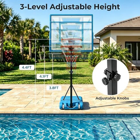 طوق كرة سلة GYMAX Pool، طوق كرة سلة محمول من الفولاذ المقاوم للصدأ قابل للتعديل مقاس 32 بوصة لحمام السباحة مع قاعدة قابلة للملء، لوحة خلفية مقاومة للكسر، كرة سلة ومضخة متضمنة in Kuwait