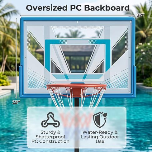 طوق كرة سلة GYMAX Pool، طوق كرة سلة محمول من الفولاذ المقاوم للصدأ قابل للتعديل مقاس 32 بوصة لحمام السباحة مع قاعدة قابلة للملء، لوحة خلفية مقاومة للكسر، كرة سلة ومضخة متضمنة in Kuwait