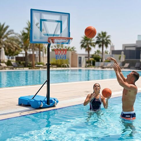 طوق كرة سلة GYMAX Pool، طوق كرة سلة محمول من الفولاذ المقاوم للصدأ قابل للتعديل مقاس 32 بوصة لحمام السباحة مع قاعدة قابلة للملء، لوحة خلفية مقاومة للكسر، كرة سلة ومضخة متضمنة in Kuwait
