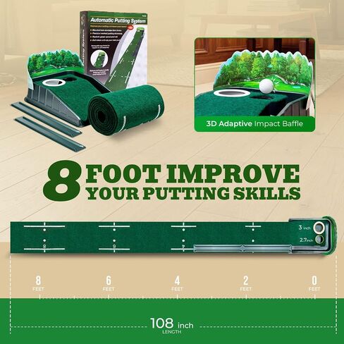 Putting Green Indoor - Golf Putting Mat with Realistic Green Speed, Dual-Hole Precision Golf Practice Putting Mat with Auto Ball Return, 8ft Golf Mat for Indoor & Outdoor Training, Ideal Golf Gifts in Kuwait