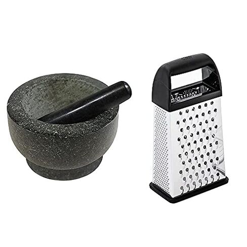 Gorilla Grip Mortar and Pestle and Box Grater, Both in Black Color, Granite Mortar and Pestle Holds 2 Cups, Grater is 4-Sided, Includes Detachable Container, 2 Item Bundle in Kuwait