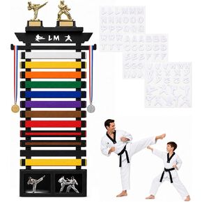 12 Belt Karate Belt Display Rack with Trophy Shelf, 2 Picture Frames and Medal Hanger, Bamboo Wood Taekwondo Belt Display with Letter Stickers for Training Room, Home Gym (36.6IN) in Kuwait