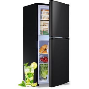 DEMULELR 3.9Cu.ft Small Refrigerator with Freezer Two Door Fridge with Crisper Drawer & Extra Drink Space, LED Light, Small Fridge for Dorm Office Home 17.5"D x 17.7"W x 40"H，Black in Kuwait