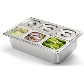 HECMAC Ice Chilled Condiment Serving Container (6 Pan), 2 Types of Lids, Drain Tray, 23 Gauge Anti-Jam Food Pan Commercial Heavy Duty Spice Rack Set, for Kitchen Buffet Catering in Kuwait
