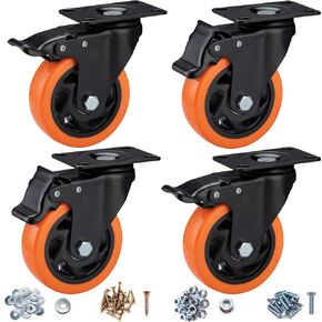 4" Caster Wheels, Casters Set of 4 Heavy Duty - Orange Polyurethane Castors, Top Plate Swivel Wheels, 4-Pack Industrial Casters with Brake, Locking Caster for Furniture and Workbench in Kuwait