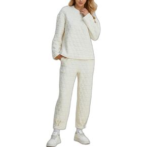 Women's Casual Two-Piece Set Quilted Solid Top And Pants With Pockets Loungewear Set (Beige,3X-Large) in Kuwait