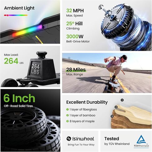 isinwheel V10 Electric Skateboard with Remote, 3000W Belt Drive Motor, 32 MPH Top Speed, 28 Miles Range Electric Skateboards for Adults & Teens, LED Ambient Light, IP54 Off-Road Electric Longboard in Kuwait