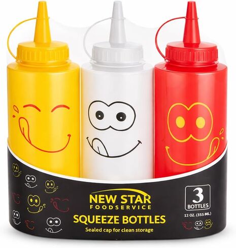 New Star Foodservice Condiment Squeeze Bottle Set, 12 Oz, Plastic, Smiley Face Design + Caps, Red, Yellow and Clear, 3-Pack in Kuwait