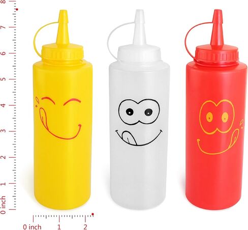 New Star Foodservice Condiment Squeeze Bottle Set, 12 Oz, Plastic, Smiley Face Design + Caps, Red, Yellow and Clear, 3-Pack in Kuwait