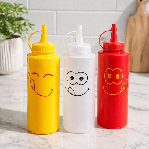 New Star Foodservice Condiment Squeeze Bottle Set, 12 Oz, Plastic, Smiley Face Design + Caps, Red, Yellow and Clear, 3-Pack in Kuwait