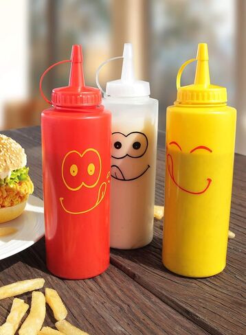 New Star Foodservice Condiment Squeeze Bottle Set, 12 Oz, Plastic, Smiley Face Design + Caps, Red, Yellow and Clear, 3-Pack in Kuwait