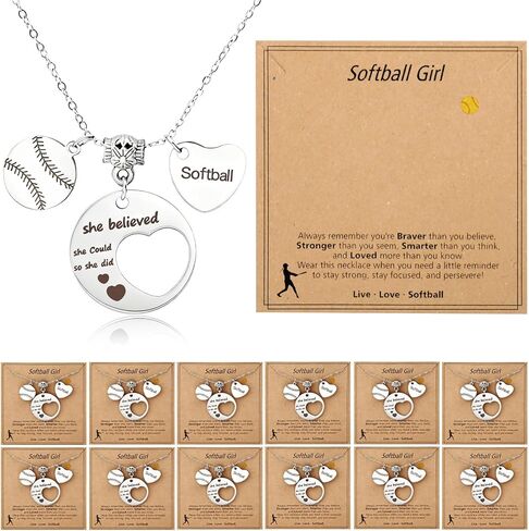 12 Pcs Softball Necklace Softball Gifts for Women, Softball Pendant Jewelry Sport Necklace with Card for Team Gifts in Kuwait