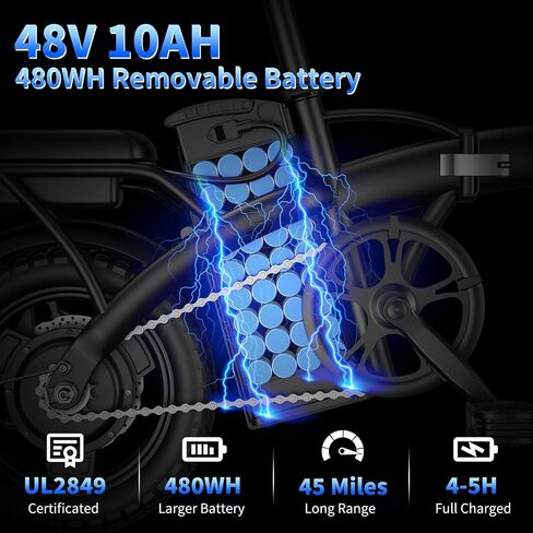 Folding Electric Bike: 1000W Peak, 48V 10Ah, 14" E-Bike | 1000W Peak, 48V 10Ah 480Wh, 45Mi PAS, UL2849, in Saudi Arabia