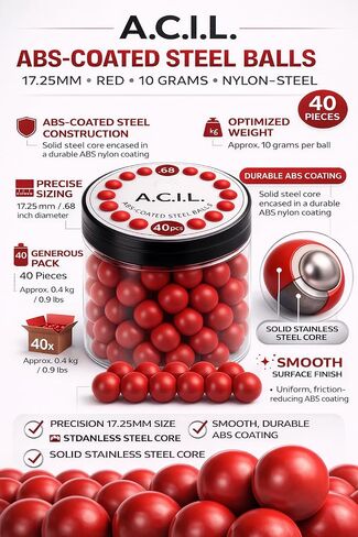 A.C.I.L. ABS-Coated Steel Balls, 17.25mm, Red, 10 grams Nylon-Steel .68, 40 Pieces in Kuwait
