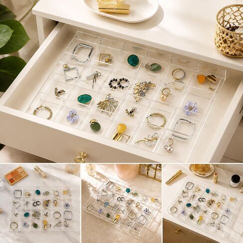 Large Clear Jewelry Organizer Display Tray, Storage Case for Rings, Earrings, Necklaces, Acrylic Drawer Organizer Trays (24 Grids) in Kuwait