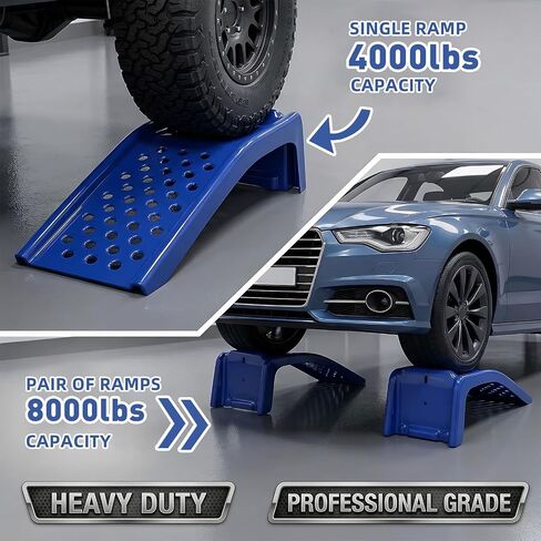 Heavy Duty Car Ramps for Oil Changes, 2 Pack Solid Steel Vehicle Ramps, 8,000 LBS Capacity Per Pair, 35" x 12" x 9.5", Auto Service Ramps, 9" Tire Track Width, Traction Hole Surface, Blue in Kuwait