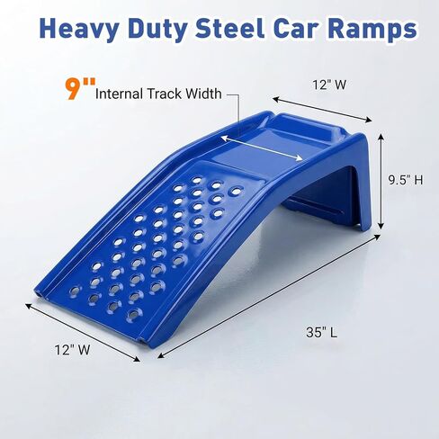 Heavy Duty Car Ramps for Oil Changes, 2 Pack Solid Steel Vehicle Ramps, 8,000 LBS Capacity Per Pair, 35" x 12" x 9.5", Auto Service Ramps, 9" Tire Track Width, Traction Hole Surface, Blue in Kuwait