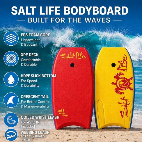 SALT LIFE Boogie Board Bodyboard - لوح الجسم الأساسي خفيف الوزن من EPS مع قاعدة ملساء HDPE وذيل هلالي ومقود معصم ملفوف للشاطئ وأمواج المحيط in Kuwait