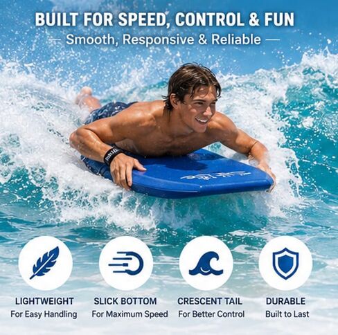 SALT LIFE Boogie Board Bodyboard - لوح الجسم الأساسي خفيف الوزن من EPS مع قاعدة ملساء HDPE وذيل هلالي ومقود معصم ملفوف للشاطئ وأمواج المحيط in Kuwait