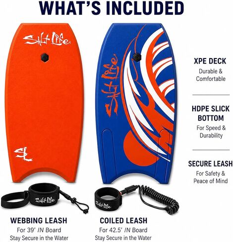 SALT LIFE Boogie Board Bodyboard - لوح الجسم الأساسي خفيف الوزن من EPS مع قاعدة ملساء HDPE وذيل هلالي ومقود معصم ملفوف للشاطئ وأمواج المحيط in Kuwait