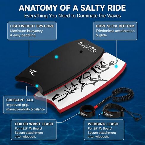 SALT LIFE Boogie Board Bodyboard - لوح الجسم الأساسي خفيف الوزن من EPS مع قاعدة ملساء HDPE وذيل هلالي ومقود معصم ملفوف للشاطئ وأمواج المحيط in Kuwait