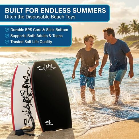 SALT LIFE Boogie Board Bodyboard - لوح الجسم الأساسي خفيف الوزن من EPS مع قاعدة ملساء HDPE وذيل هلالي ومقود معصم ملفوف للشاطئ وأمواج المحيط in Kuwait